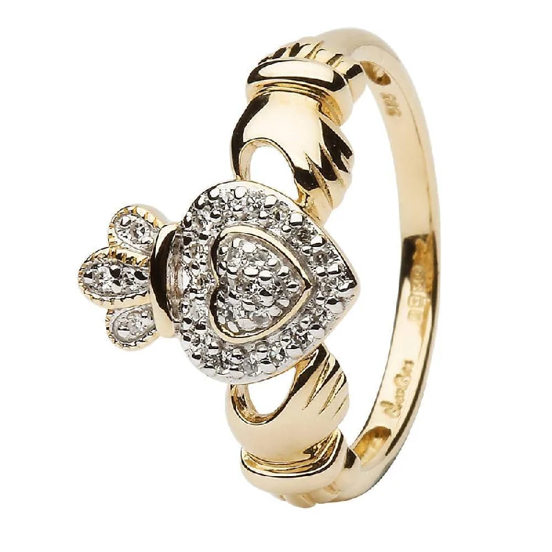 Ladies 14K Yellow Gold Claddagh Ring Encrusted With Diamonds - SL-14L83