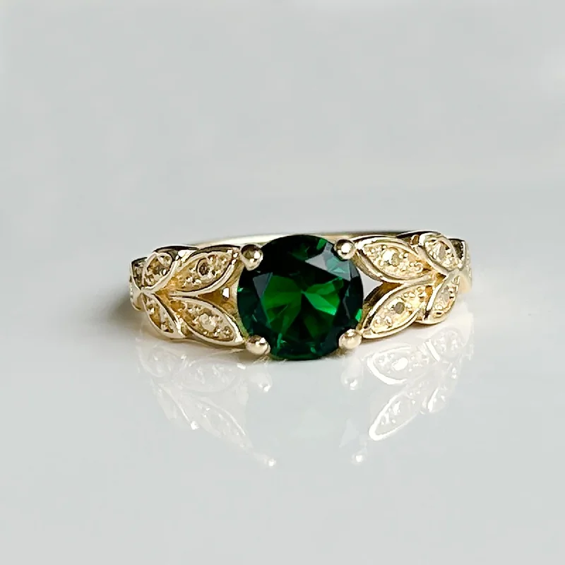 Emerald Gemstone Rings with Filigree - Bordered SettingsEmerald Ring - May Birthstone - Round Emerald Gemstone Flower Leaves Ring