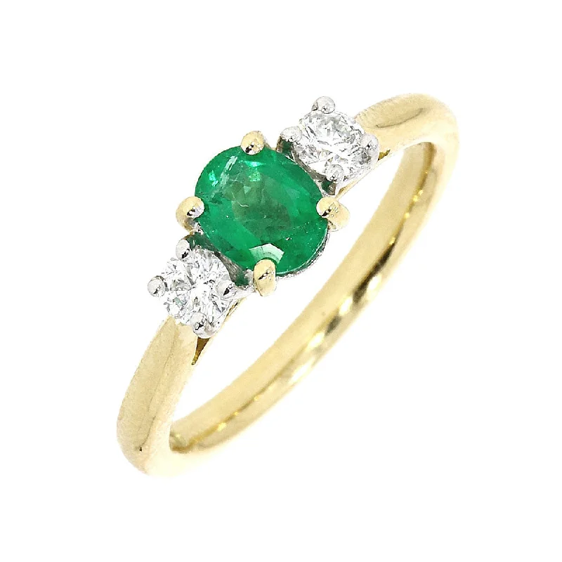 Vintage - Inspired Diamond Rings with Filigree Work18ct Yellow And White Gold 0.65ct Oval Cut Emerald And 0.27ct Round Brilliant Cut Diamond Three Stone Engagement Ring