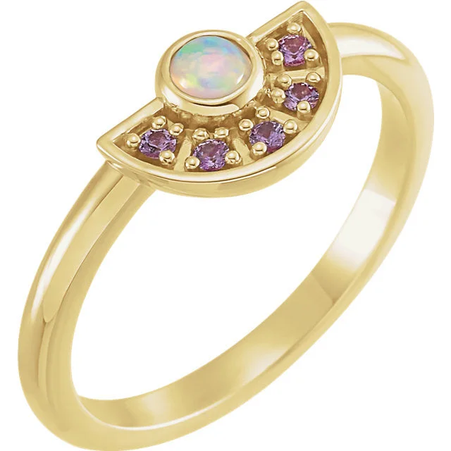 Amethyst Gemstone Rings in a Vintage - Style Setting14K Gold Ethiopian Opal & Pink Sapphire Fan Ring