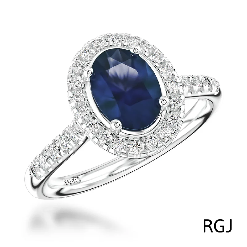 Halo - Style Diamond Rings with Smaller Accent DiamondsThe Skye Platinum 1.43ct Oval Cut Blue Sapphire Ring With 0.41ct Diamond Halo And Diamond Set Shoulders