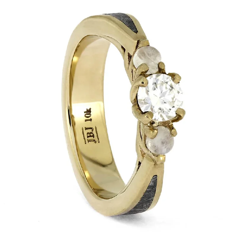 Three Stone Yellow Gold Ring with Meteorite Inlay