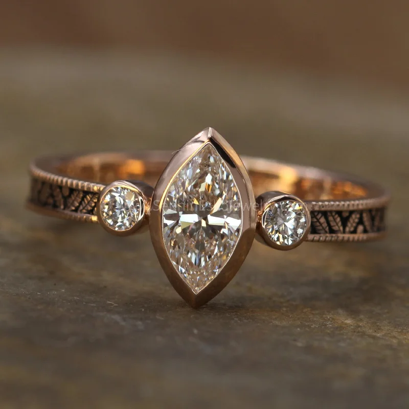 Halo - Style Diamond Rings with Smaller Accent DiamondsDiamond Rose Gold Hand Made Vintage Engagement Ring - Marquise Ring - Leaf