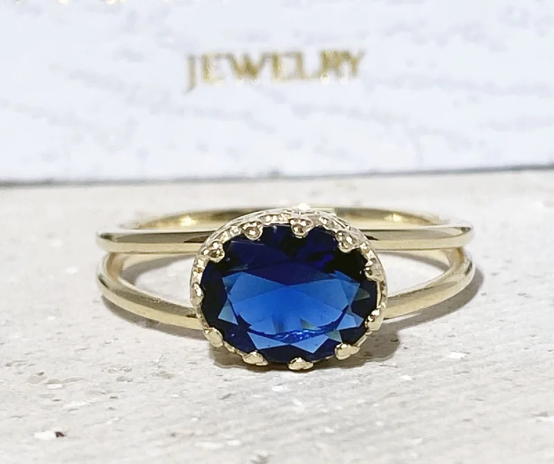 Sapphire Gemstone Rings in a Cathedral SettingBlue Sapphire Ring - September Birthstone - Blue Sapphire Gemstone Double Band Vintage Oval Crown Ring