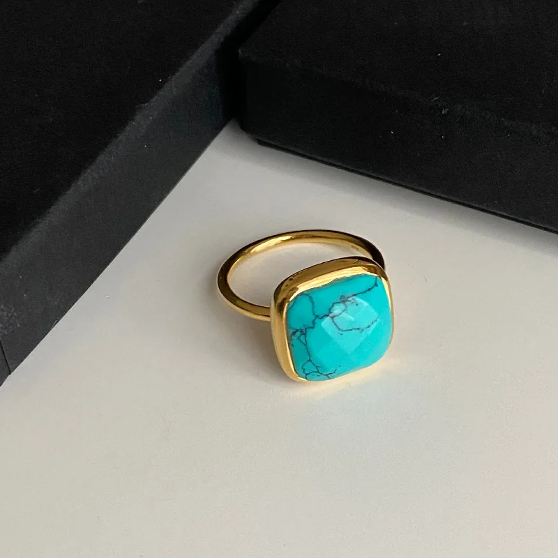 Multi - Gemstone Rings with a Rainbow of ColorsGold Plated Silver Ring with Square Semiprecious Stone - Turquoise