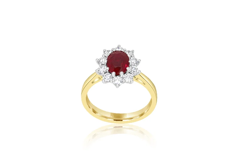 Vintage - Inspired Diamond Rings with Filigree Work18K Yellow Gold & White Gold 2-Tone Claw Set Cluster Ruby & Diamond Ring