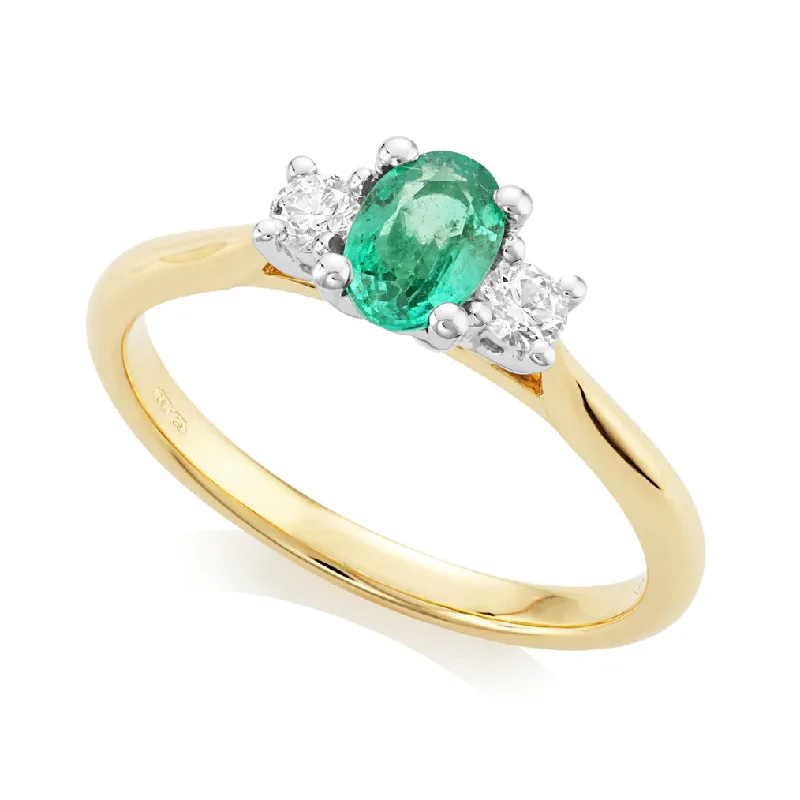 Halo - Style Diamond Rings with Smaller Accent Diamonds18ct Yellow And White Gold 0.45ct Oval Cut Emerald And 0.16ct Round Brilliant Cut Diamond Three Stone Ring