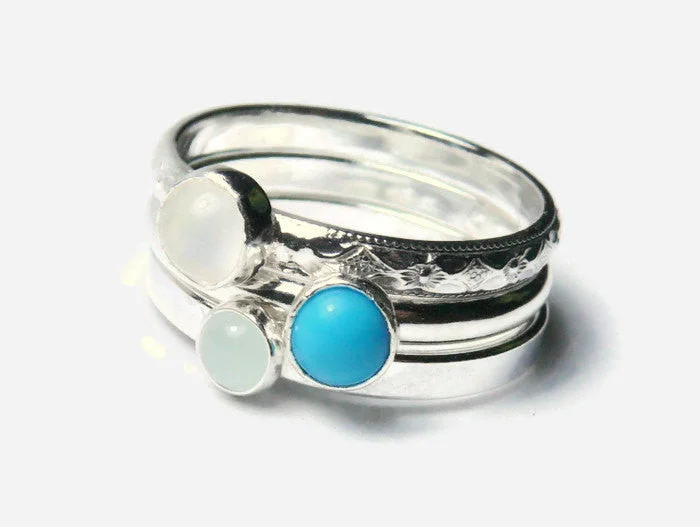 Sapphire Gemstone Rings in a Cathedral SettingSterling silver gemstone stacking rings set of 3 gemstone stackable rings silver ring moonstone, turquoise, aquamarine