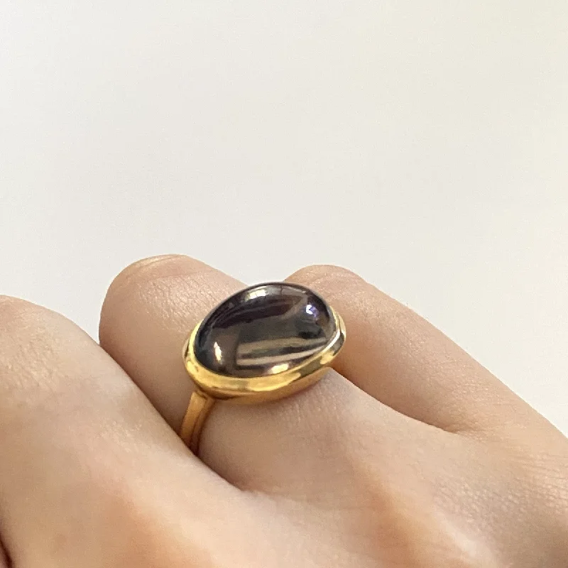 Ruby Gemstone Rings with Diamond AccentsCabochon Oval Cut Natural Gemstone Gold Plated Sterling Silver Ring - Smoky Quartz