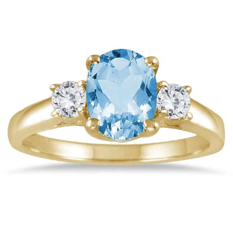 Amethyst Gemstone Rings in a Vintage - Style Setting1 3/4 Carat Blue Topaz and Diamond Three Stone Ring 14K Yellow Gold