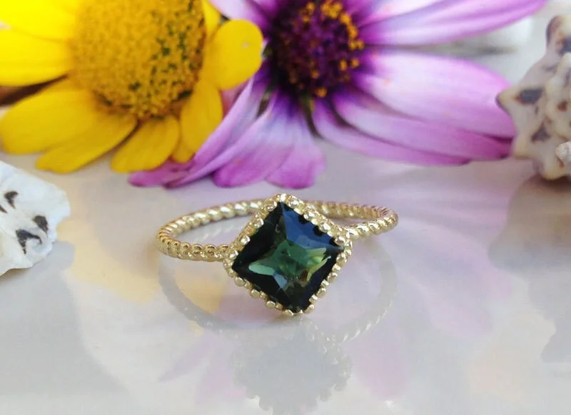 Ruby Gemstone Rings with Diamond AccentsGreen Tourmaline Ring - Simple Twist Band Ring with Square Green Tourmaline Stone