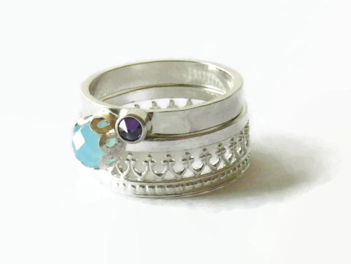 Multi - Gemstone Rings with a Rainbow of ColorsSterling silver gemstone ring set stacking rings sterling silver rings aqua blue stone ring crown inverted stone