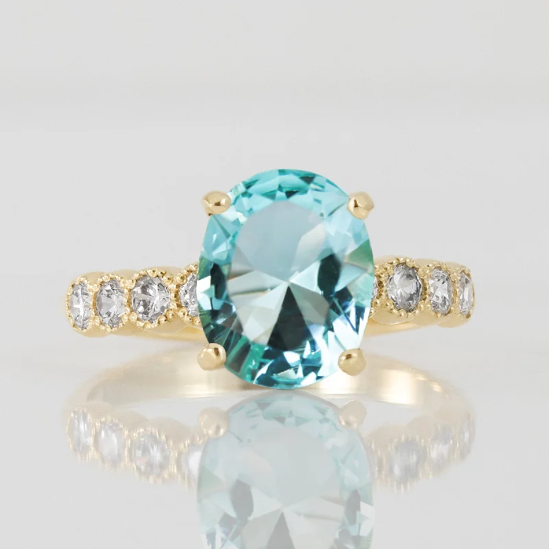 Sapphire Gemstone Rings in a Cathedral SettingAquamarine Ring - March Birthstone - Oval Aquamarine Gemstone Statement Engagement Ring with Clear Quartz Accents