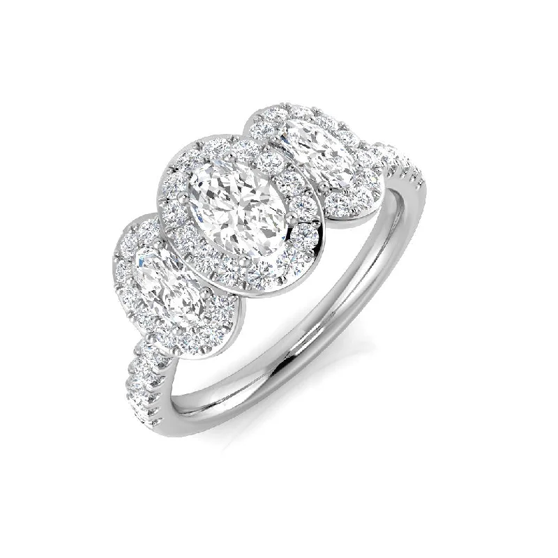 Solitaire Diamond Rings in Platinum SettingsPlatinum 1.30ct Oval Cut Diamond Three Stone Ring With Diamond Halo And Diamond Set Shoulders