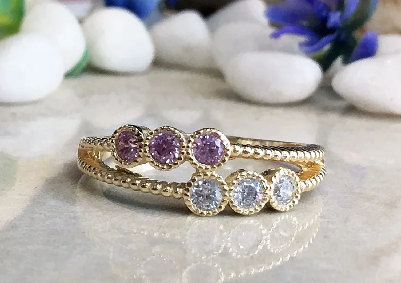 Amethyst Gemstone Rings in a Vintage - Style SettingTwo Birthstone Ring - Gold Ring - Rose Quartz Ring - Clear Quartz Ring - Gemstone Ring