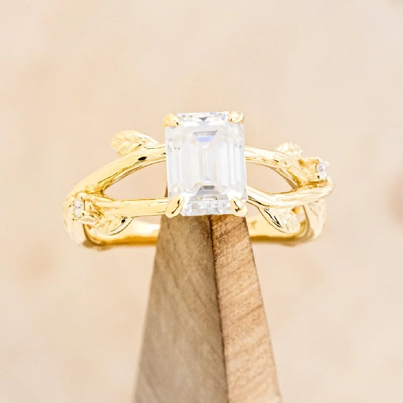 "ARTEMIS ON THE VINE" - EMERALD CUT MOISSANITE ENGAGEMENT RING WITH DIAMOND ACCENTS & A BRANCH-STYLE BAND