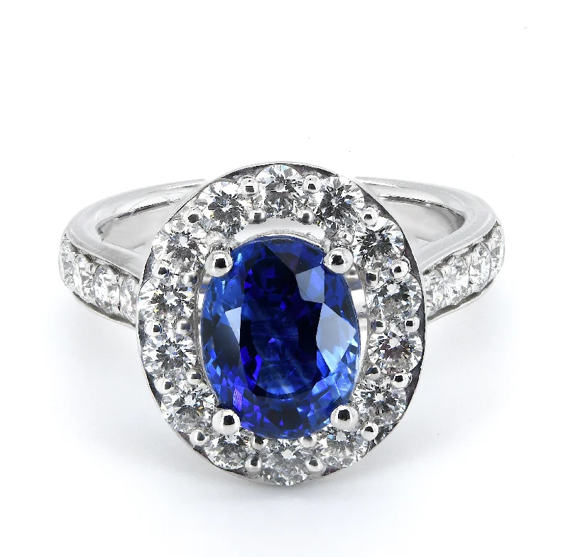 Halo - Style Diamond Rings with Smaller Accent DiamondsPlatinum 2.52ct Oval Cut Blue Sapphire Ring With 1.24ct Diamond Halo And Diamond Set Shoulders