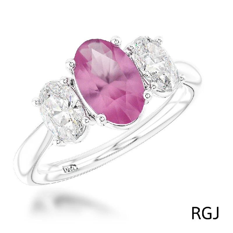 Three - Stone Diamond Rings with Princess - Cut DiamondsThe Florentina Platinum 1.15ct Pink Sapphire And 0.66ct Diamond Oval Cut Three Stone Ring