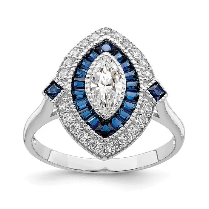 Sapphire Gemstone Rings in a Cathedral SettingSterling Silver Created Blue Spinel And CZ Marquise Halo Ring