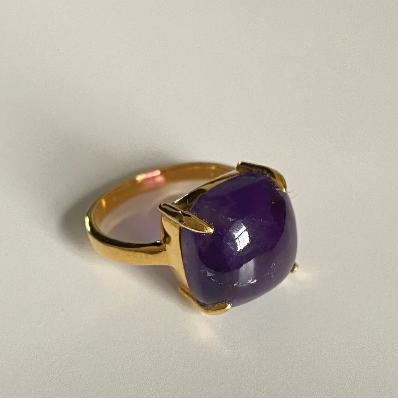 Sapphire Gemstone Rings in a Cathedral SettingSquare Cabochon Amethyst Ring in Gold Plated Sterling Silver