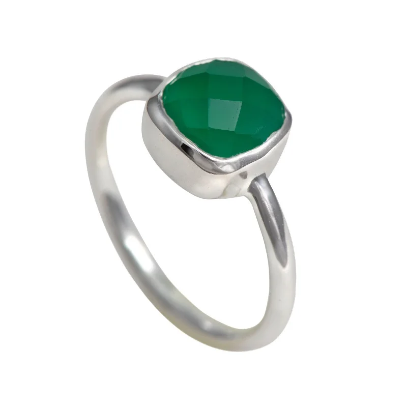 Ruby Gemstone Rings with Diamond AccentsFaceted Square Cut Natural Gemstone Sterling Silver Solitaire Ring - Green Onyx