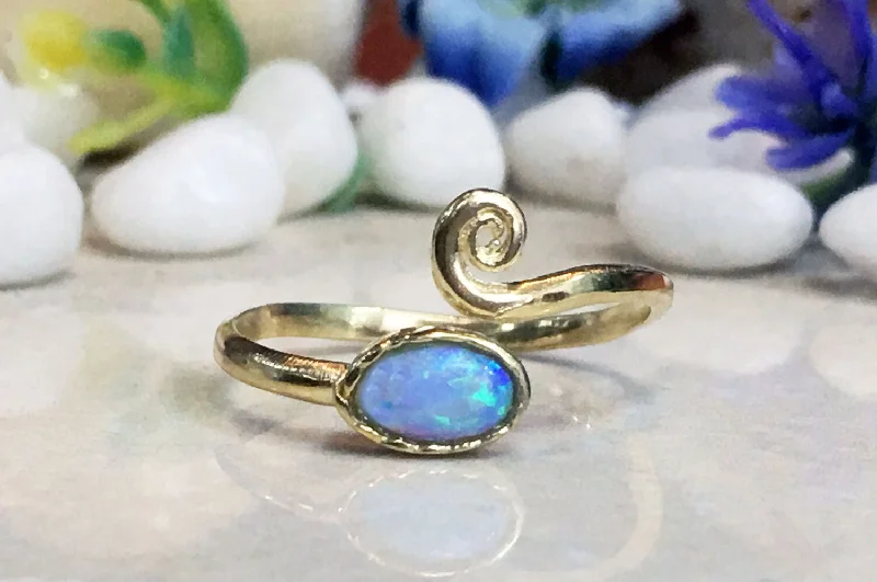 Amethyst Gemstone Rings in a Vintage - Style SettingBlue Opal Ring - October Birthstone - Simple Adjustable Ring with Oval Blue Opal Gemstone