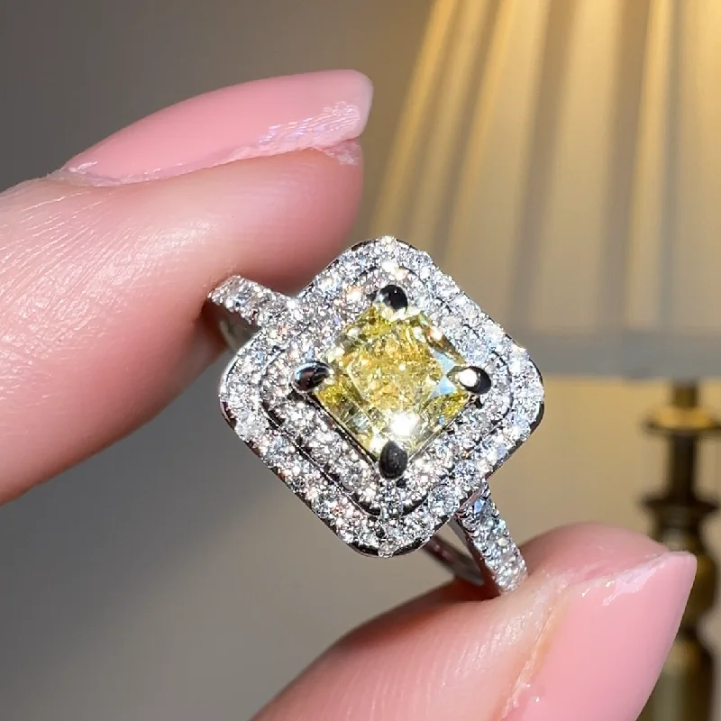 "Holly" Yellow Cushion Cut Halo Diamond Shoulder Engagement Ring DSCC07