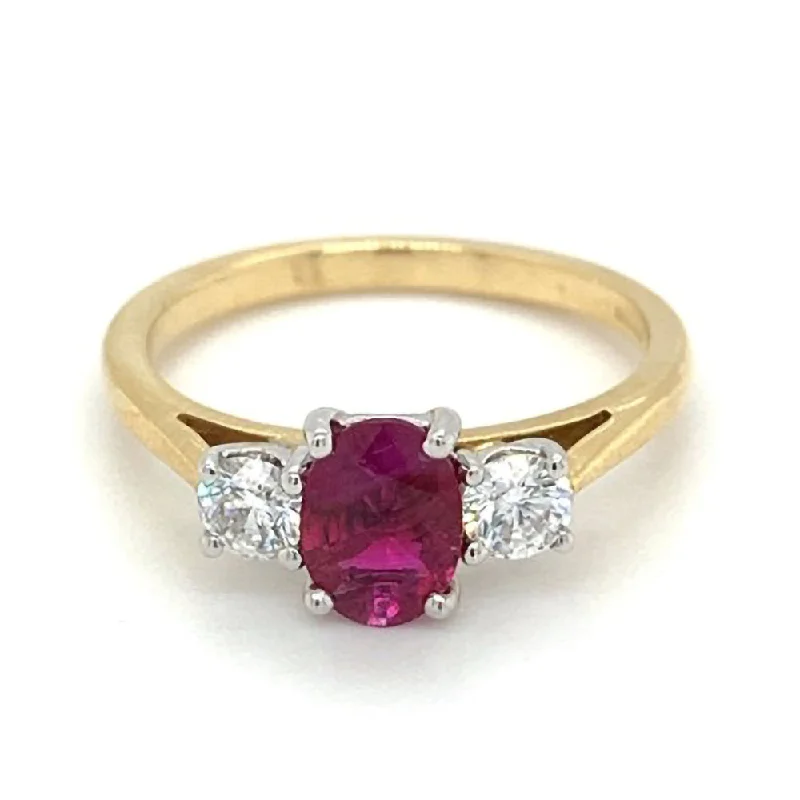 Vintage - Inspired Diamond Rings with Filigree Work18ct Yellow And White Gold 0.76ct Oval Cut Ruby And 0.36ct Round Brilliant Cut Diamond Three Stone Ring