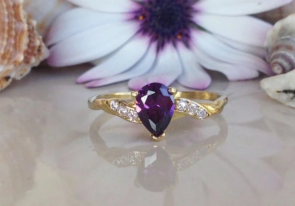 Ruby Gemstone Rings with Diamond AccentsAmethyst Ring - February Birthstone - Tiny Delicate Ring with Pear-Shaped Purple Amethyst and Clear Quartz Accents