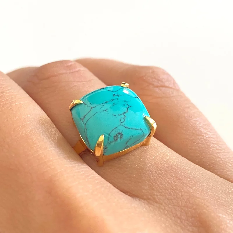 Amethyst Gemstone Rings in a Vintage - Style SettingSquare Cabochon Turquoise Ring in Gold Plated Sterling Silver