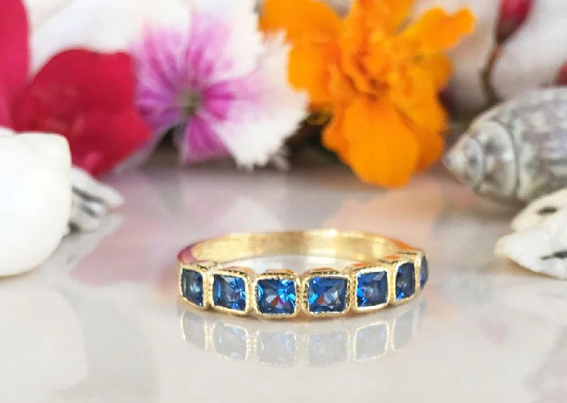 Multi - Gemstone Rings with a Rainbow of ColorsBlue Topaz Ring - December Birthstone - Stacking Ring with Seven Square Blue Topaz Gemstones