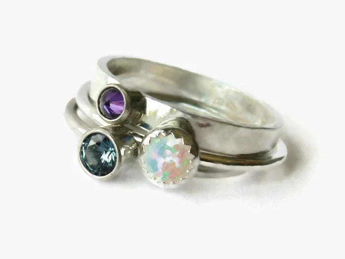 Amethyst Gemstone Rings in a Vintage - Style SettingWhite opal ring Sterling stacking ring set sterling silver ring gemstone ring purple cz blue zircon sterling silver ring silver opal ring