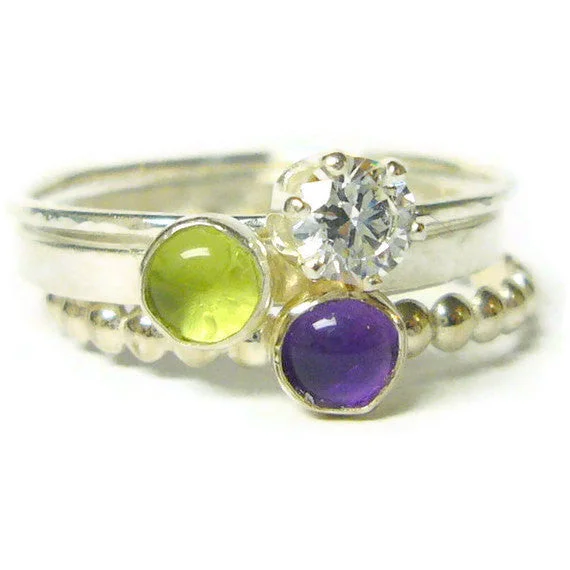 Sapphire Gemstone Rings in a Cathedral SettingSterling silver stacking ring set sterling silver ring silver gemstone ring cubic zirconia, purple amethyst ring, green peridot ring