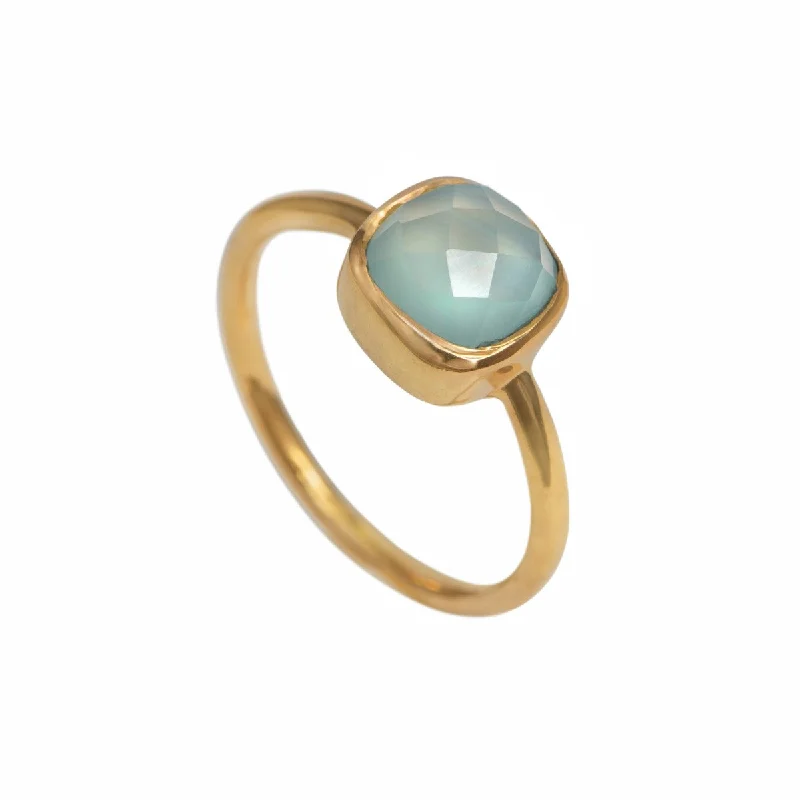 Emerald Gemstone Rings with Filigree - Bordered SettingsFaceted Square Cut Natural Gemstone Gold Plated Sterling Silver Solitaire Ring - Aqua Chalcedony