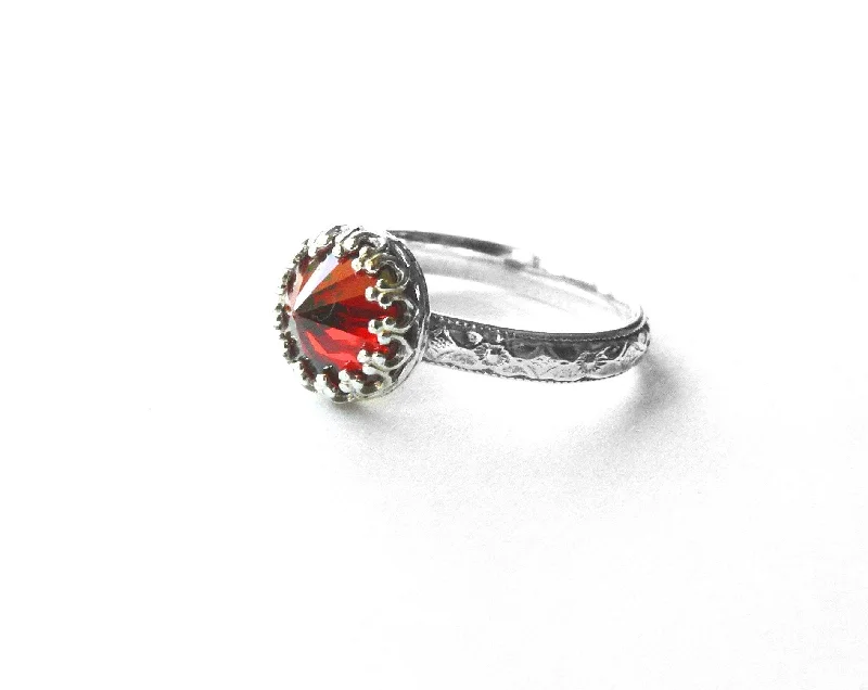 Ruby Gemstone Rings with Diamond AccentsRed Cubic Zirconia Ring with Sterling Silver Floral Band