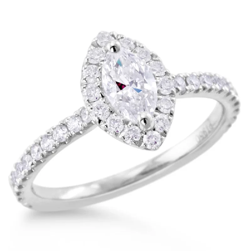 Solitaire Diamond Rings in Platinum SettingsPlatinum 0.89ct Marquise And Round Brilliant Cut Diamond Engagement Ring With Diamond Halo And Diamond Set Shoulders