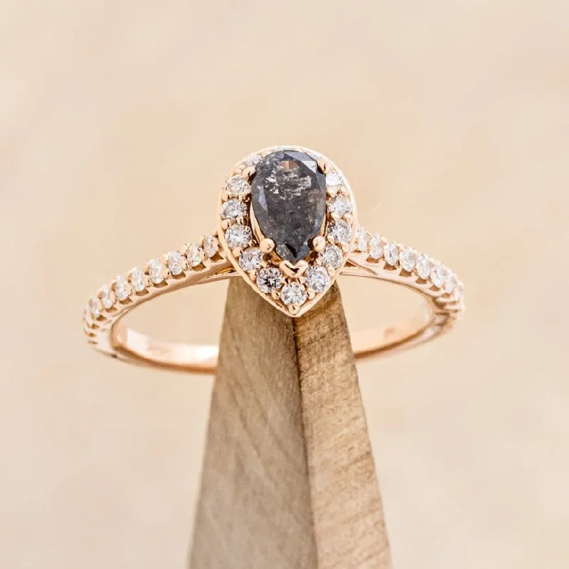 "AGNES" - PEAR CUT SALT & PEPPER DIAMOND ENGAGEMENT RING WITH DIAMOND HALO & ACCENTS