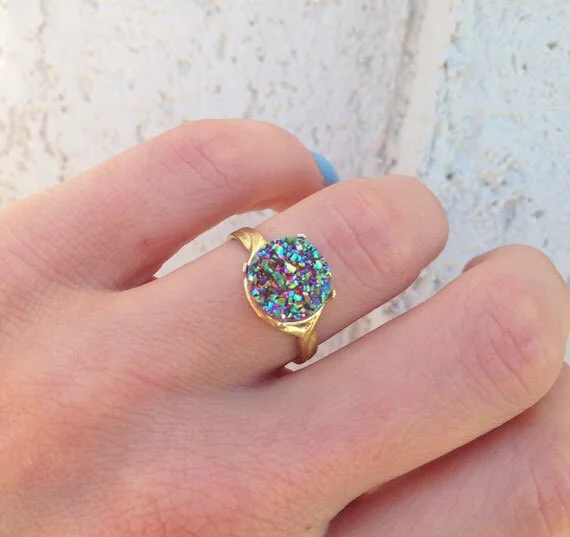 Ruby Gemstone Rings with Diamond AccentsBlack Druzy Ring - Round Black Druzy Gemstone Statement Ring