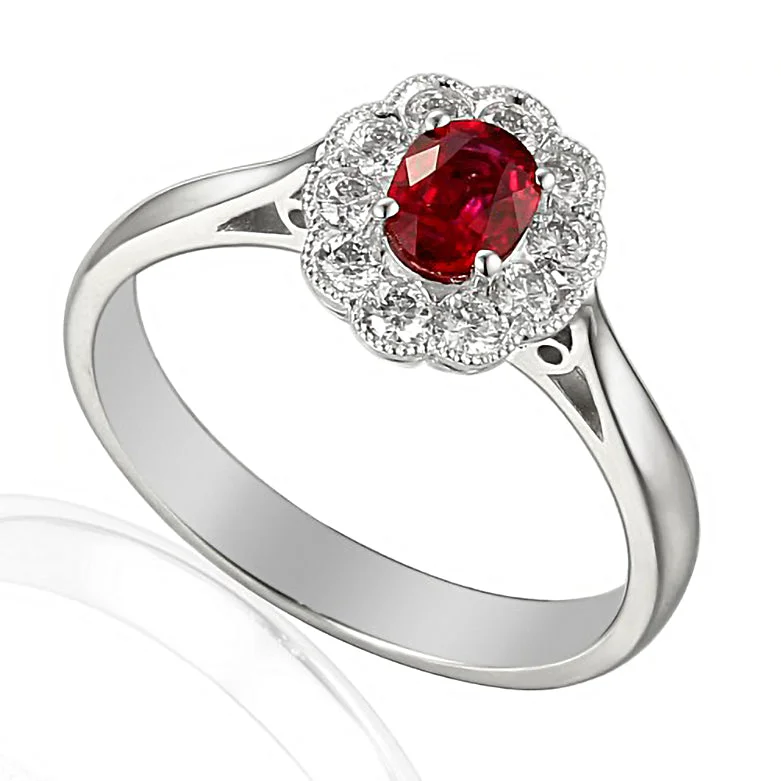 Halo - Style Diamond Rings with Smaller Accent Diamonds18ct White Gold 0.55ct Oval Cut Ruby And 0.26ct Round Brilliant Cut Diamond Halo Cluster Ring