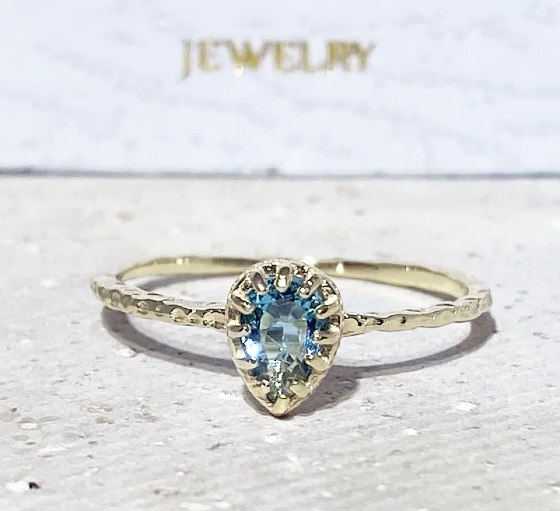 Sapphire Gemstone Rings in a Cathedral SettingBlue Topaz Ring - December Birthstone - Delicate Hammered Ring with Pear-Shaped Blue Topaz Gemstone