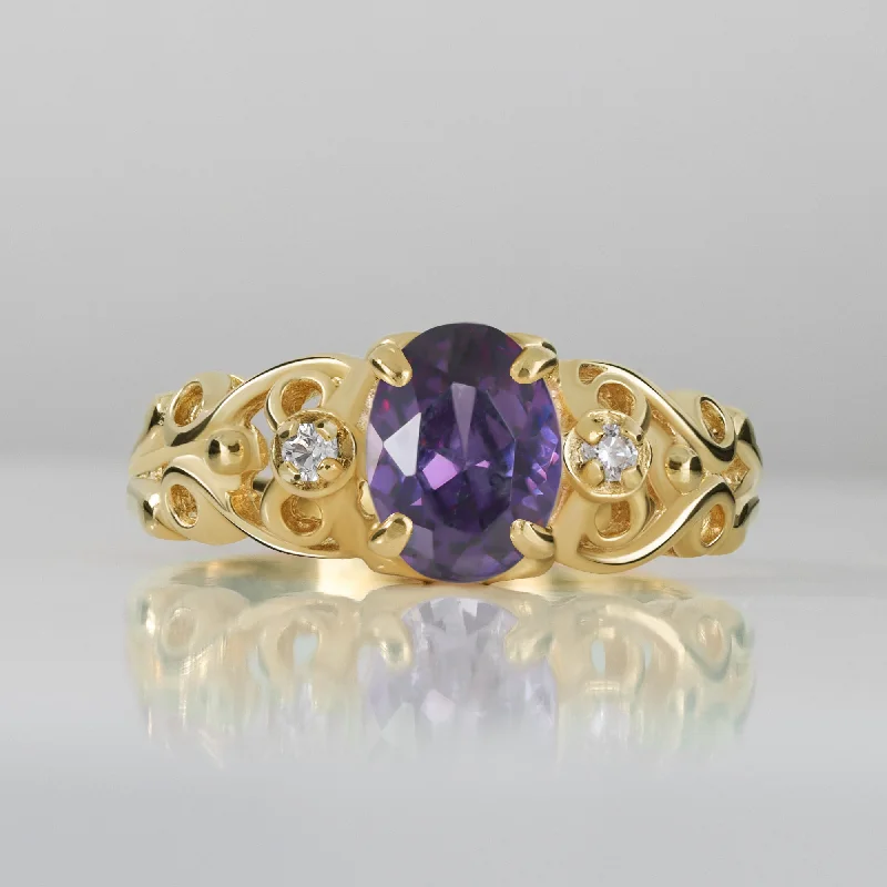 Emerald Gemstone Rings with Filigree - Bordered SettingsAmethyst Ring - February Birthstone - Oval Purple Amethyst Gemstone Lace Ring with Clear Quartz Accents