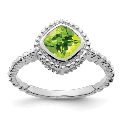 Emerald Gemstone Rings with Filigree - Bordered Settings10k or 14k White Gold Cushion Peridot Bezel Set Beaded Design Ring