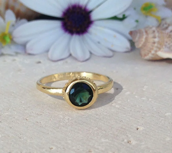 Amethyst Gemstone Rings in a Vintage - Style SettingGreen Tourmaline Ring - Simple Bezel Set Ring with Round Green Tourmaline Gemstone