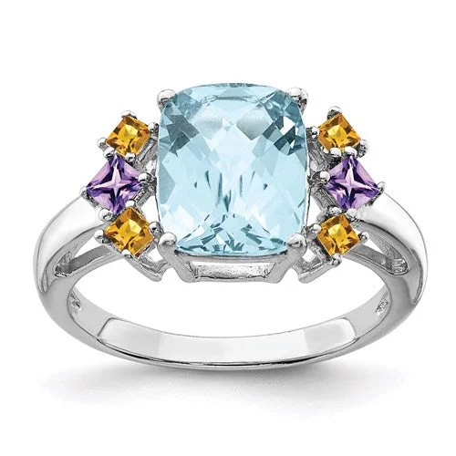 Emerald Gemstone Rings with Filigree - Bordered SettingsSterling Silver Ant. Cushion Light Swiss Blue Topaz, Amethyst & Citrine Ring