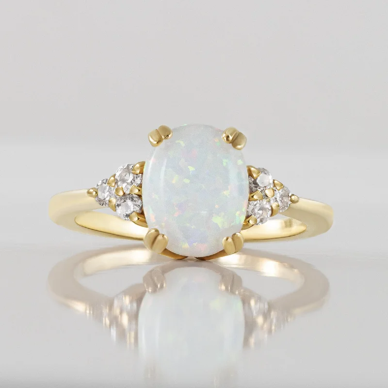 Multi - Gemstone Rings with a Rainbow of ColorsWhite Opal Ring - Oval White Opal Gemstone Statement Engagement Ring with Clear Quartz Accents