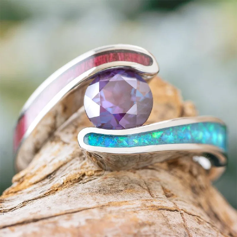 Colorful Engagement Ring with Wood, Opal, and Alexandrite