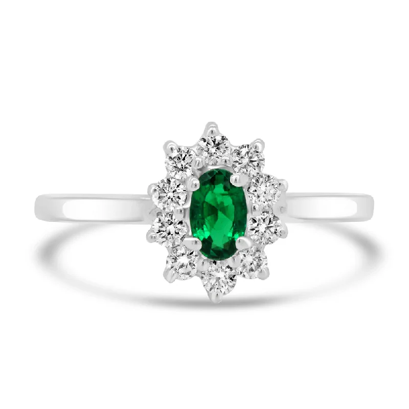 Three - Stone Diamond Rings with Princess - Cut Diamonds18ct White Gold 0.23ct Oval Cut Emerald And 0.27ct Round Brilliant Cut Diamond Cluster Ring