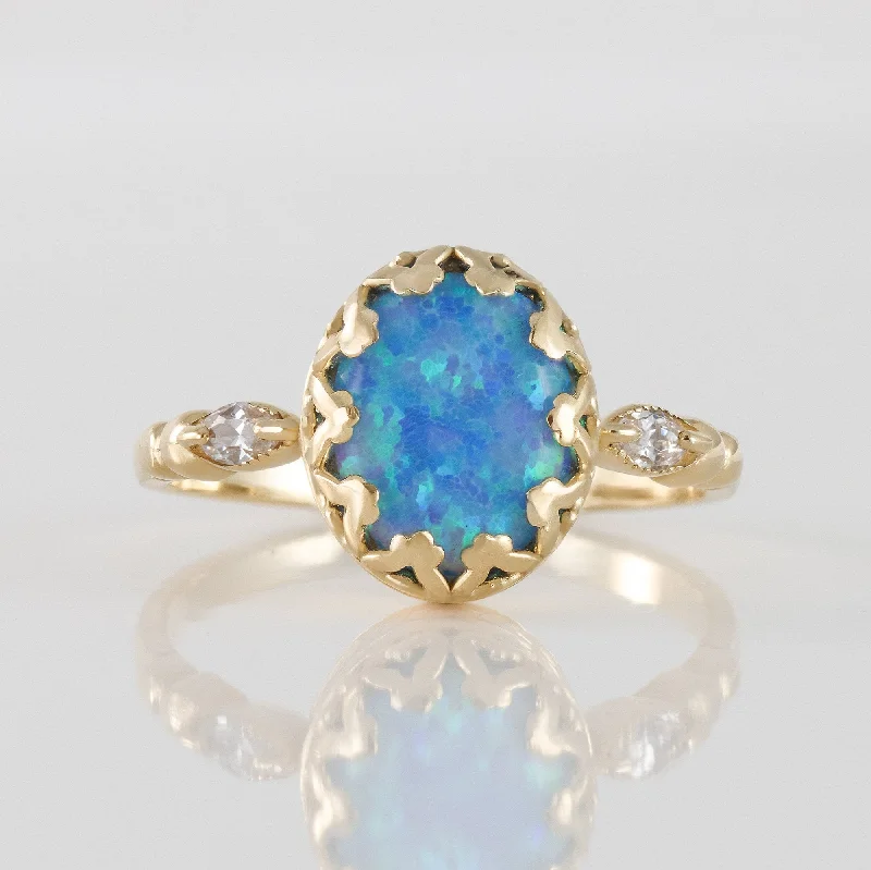 Sapphire Gemstone Rings in a Cathedral SettingBlue Opal Ring - October Birthstone - Blue Opal Gemstone Oval Vintage Crown Statement Ring with Clear Quartz Accents