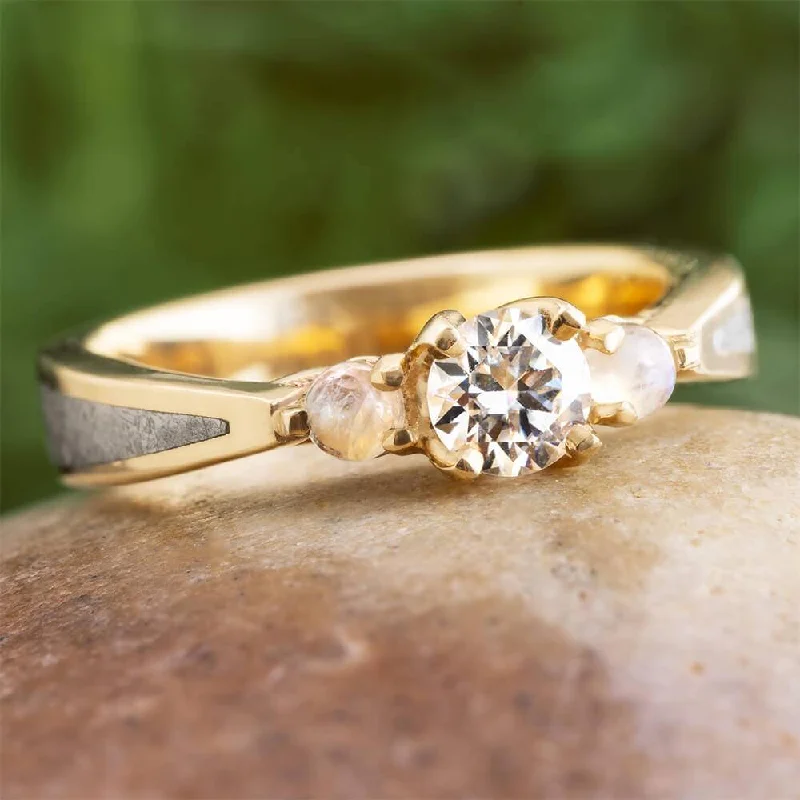 Moonstone & Moissanite Engagement Ring in Yellow Gold