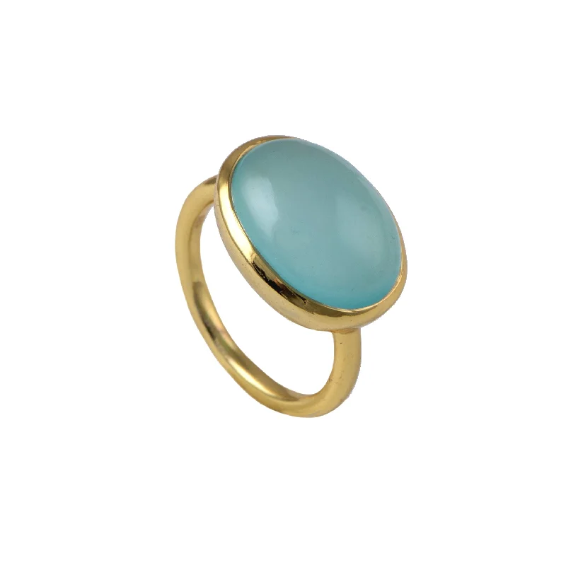 Emerald Gemstone Rings with Filigree - Bordered SettingsCabochon Oval Cut Natural Gemstone Gold Plated Sterling Silver Ring - Aqua Chalcedony